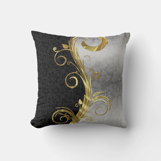 Coussin Elégant noir Damas Gold & Silver Swirls (Recto)