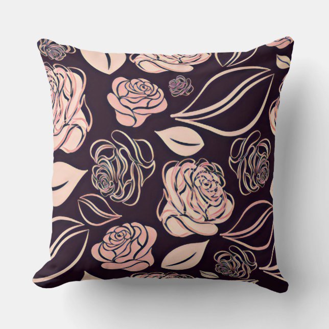 Coussin Élégant Noir et Pêcher Roses et Feuilles (Recto)