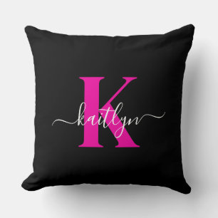 Coussin Élégant Noir Hot Rose Script Monogramme