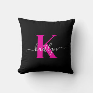 Coussin Élégant Noir Hot Rose Script Monogramme