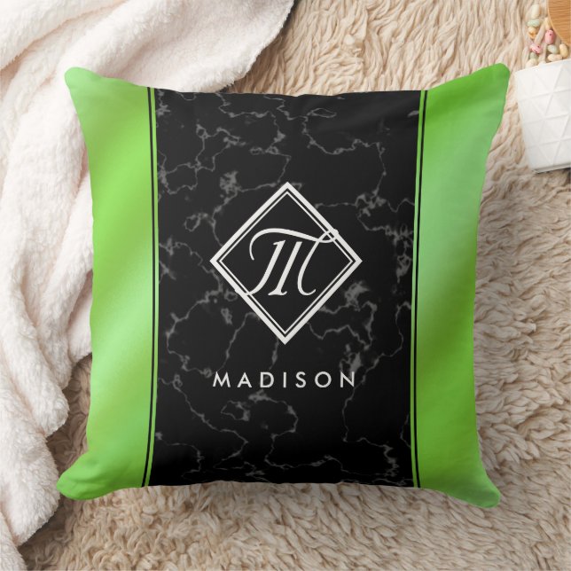Coussin Élégant noir marbre et citron vert Monogramme à hu (Couverture)