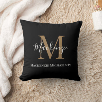 Coussin Élégant Noir Or Personnalisé Nom Monogramme