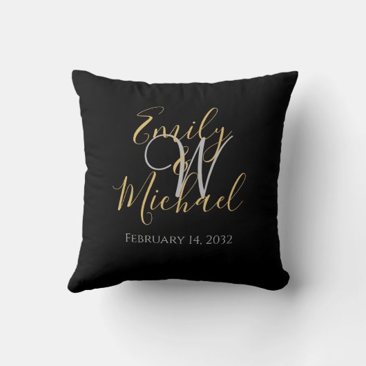 Coussin Élégant Noir Script Monogramme Mariage initial (Verso)