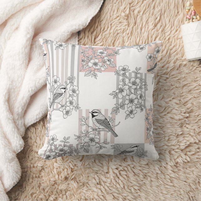 Coussin Élégant Oiseau Floral Rayure Pêche (7) (Couverture)
