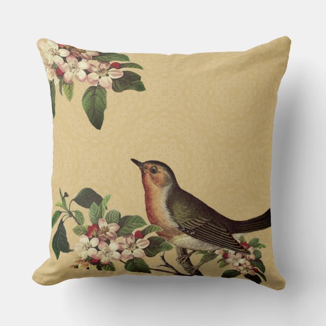 Coussin Elégant oiseau Vintage sur la fleur d'Apple (Recto)