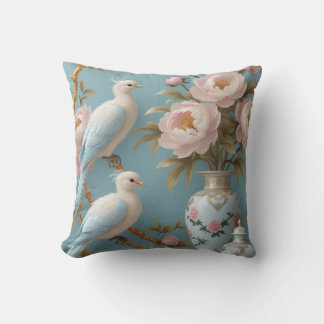 Coussin Elégant Oiseaux blancs et pivoines sur des branche