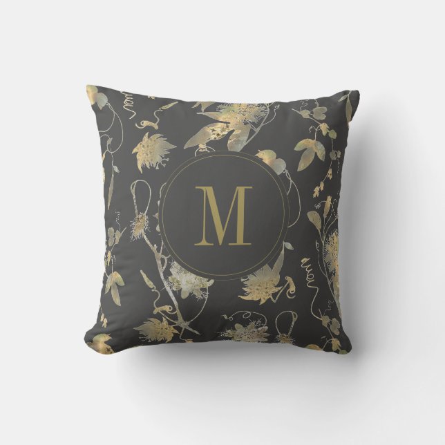 Coussin Élégant or Fleurs Gris Floral Monogramme (Recto)