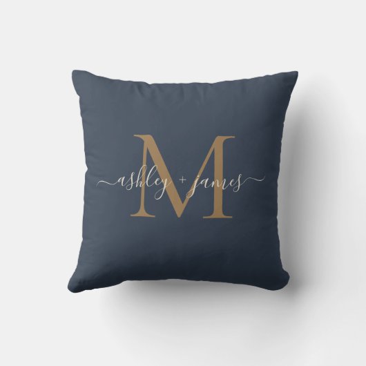 Coussin Élégant or Monogramme Noms de script Mariage Bleu (Verso)