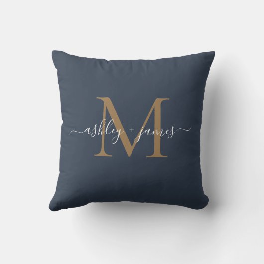 Coussin Élégant or Monogramme Noms de script Mariage Bleu (Verso)