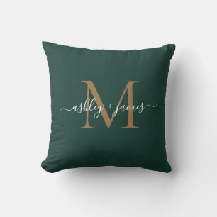 Coussin Élégant or Monogramme Noms de script Mariage Vert