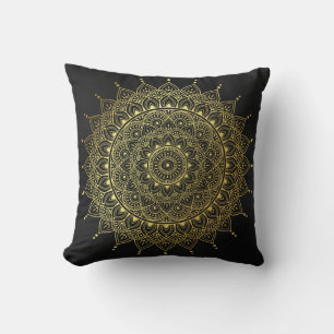 Coussin Elégant or sur Soft Black Floral Henna Mandala