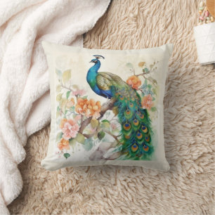 Coussin Élégant Paon Bleu Fleurs Roses Crème