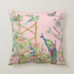 Coussin Elégant paon rose dans le Jardin Fleur Oriental