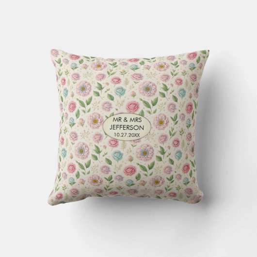 Coussin Élégant Pastel Floral Customisé Nom du Mariage Dat (Verso)
