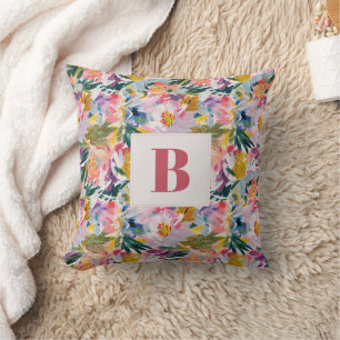 Coussin Élégant Pastel rose Abstrait Floral Monogrammé