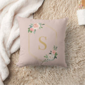 Coussin Élégant Pink Floral Gold Script Monogramme (Couverture)