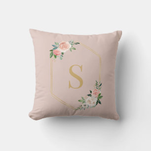 Coussin Élégant Pink Floral Gold Script Monogramme
