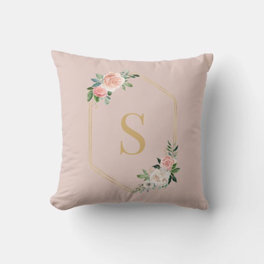 Coussin Élégant Pink Floral Gold Script Monogramme (Recto)