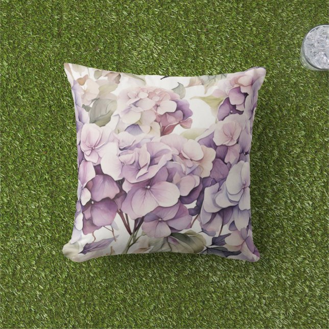 Coussin Elegant pink purple watercolor hydrangeas  (Herbe)