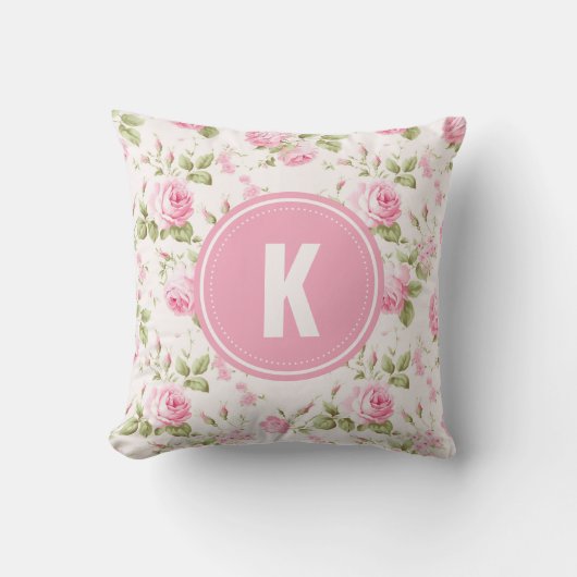 Coussin Elegant Pink Roses Flowers Pattern Monogram (Recto)