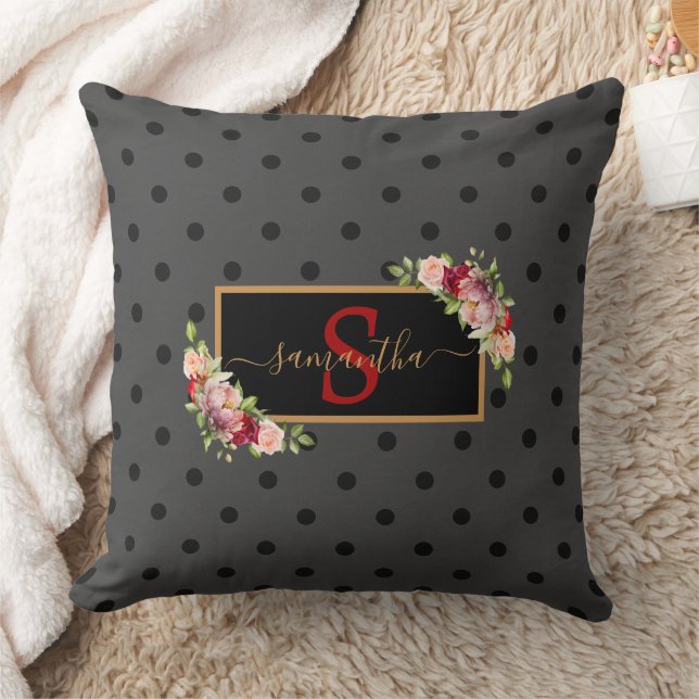 Coussin Elégant Pot Polka Noir Personnalisé et Roses (Couverture)