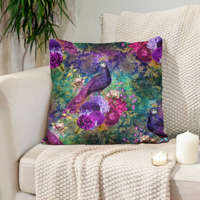 Coussin Élégant Purple Turquoise Peacock Floral (Elegant purple and emerald green peacock pillow)