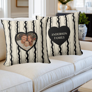 Coussin Élégant rayures crème et noir Cœur Photo personnal