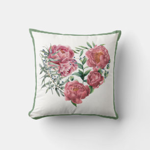 Coussin Elégant rose Aquarelle Peonies Verdure Wreath