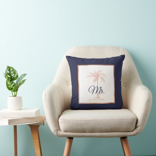 Coussin Elégant Rose bleu marine Gold Palm Tree Mariage M. (Chaise)