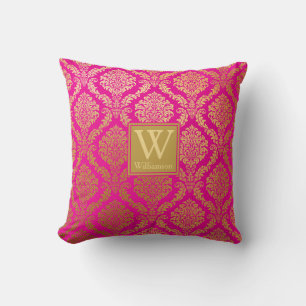 Coussin Élégant rose chaud et damas doré personnalisé