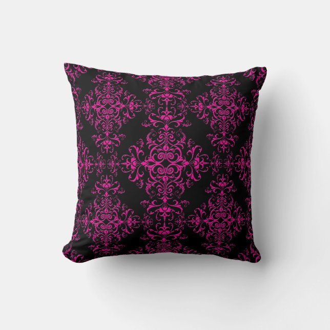 Coussin Élégant rose chaud et noir style victorien Damask (Recto)
