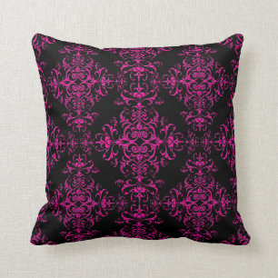 Coussin Élégant rose chaud et noir style victorien Damask