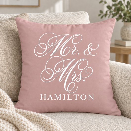 Coussin Élégant Rose Rose Script Mariage M. et Mme