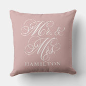 Coussin Élégant Rose Rose Script Mariage M. et Mme (Verso)