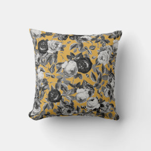 Coussin Elégant Roses Vintage noir blanc sur jaune jaune