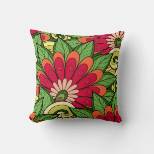 Coussin Elégant Rouge Orange Vert Fleurs Et Fleurs
