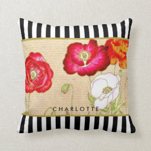 Coussin Élégant Rouge Poppy Floral Grandes Noires Avec Nom