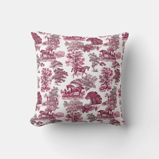 Coussin Élégant rustique élégant Magenta Red Toile Chevaux (Recto)