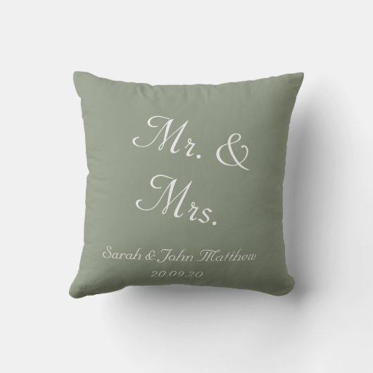 Coussin Elegant Sage Green Mr.and Mrs Name Date Script  (Verso)
