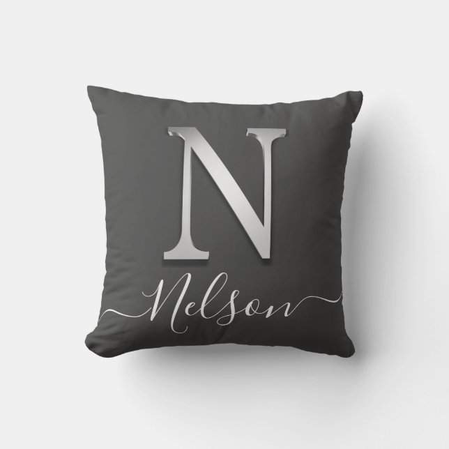 Coussin Élégant Silver Personnalisé Monogramme N Nom Jeter (Recto)