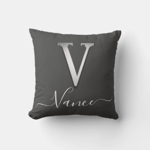 Coussin Élégant Silver Personnalisé Monogramme V Nom Pilot