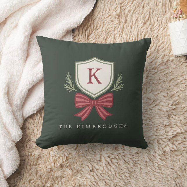 Coussin Élégant Simple Monogramme Vert Rouge Noeud de Noël (Couverture)