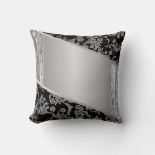 Coussin Élégant Style Noir Argent Tourbillons