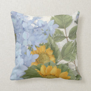 Coussin Élégant tournesol bleu floral peint Hydrangea