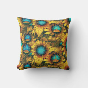 Coussin Elégant Tournesol Jaune Turquoise Floral