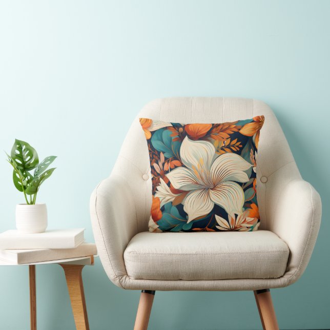 Coussin Élégant Turquoise Orange Flower Motif Floral (Chaise)