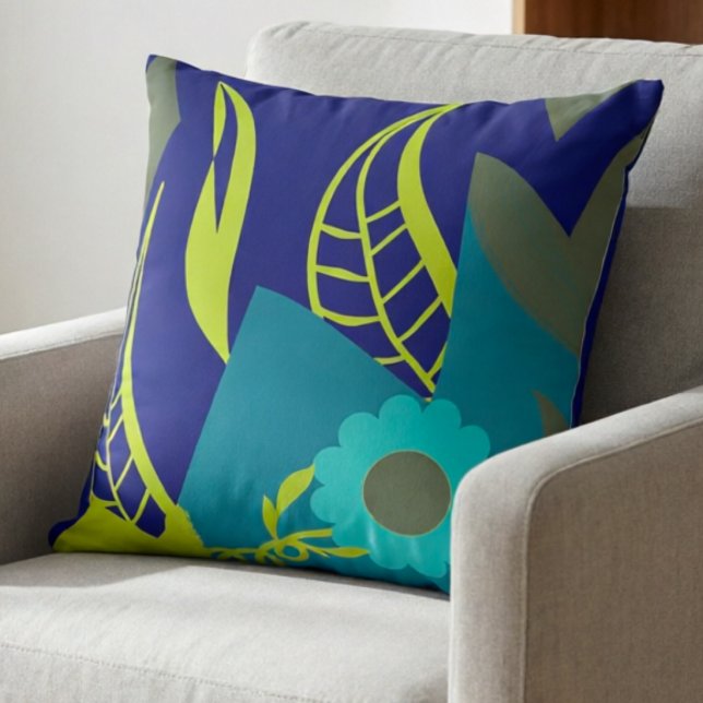 Coussin Élégant Vert Citron Et Marine  (Bright leaves, bold colors this hand drawn pillow brings instant joy to your couch.)