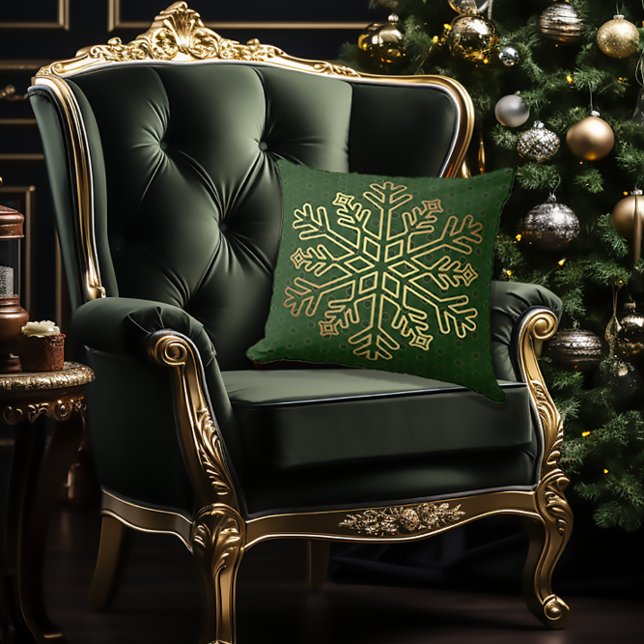 Coussin Élégant vert et or flocon de neige décoratif (Vintage Elegant Decorative Green and Gold Throw Pillow
)