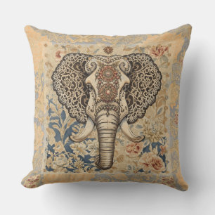 Coussin Élégant Vintage, Eléphant Antique, Beigi Bleu Pêch