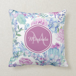 Coussin Élégant violet et bleu Succulent Floral avec nom